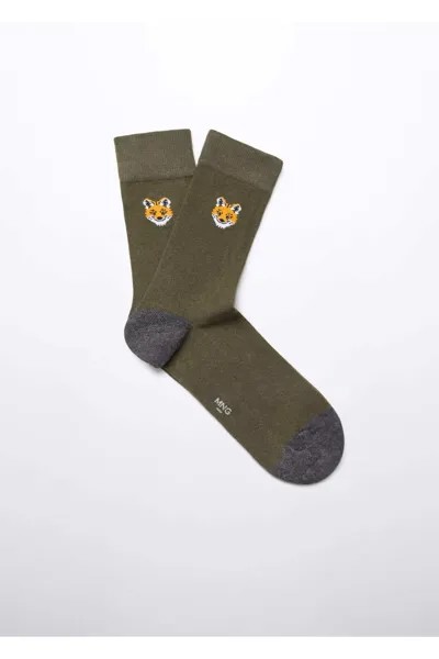 Хлопковые носки с вышивкой лисы Mango, хаки