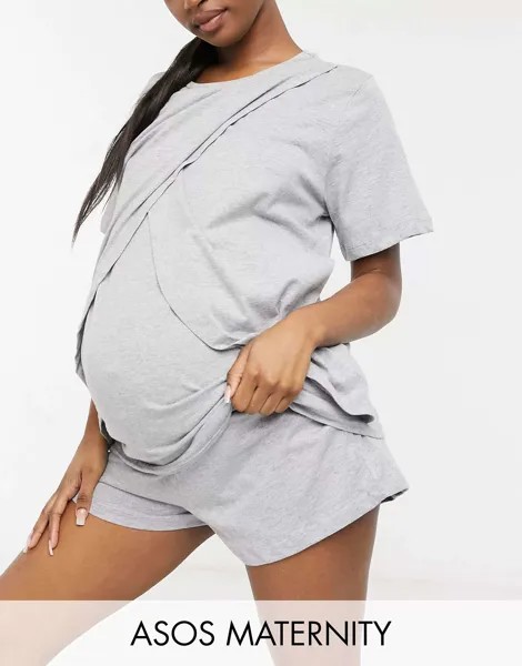 Серая меланжевая короткая пижама из джерси Mix & Match ASOS DESIGN Maternity