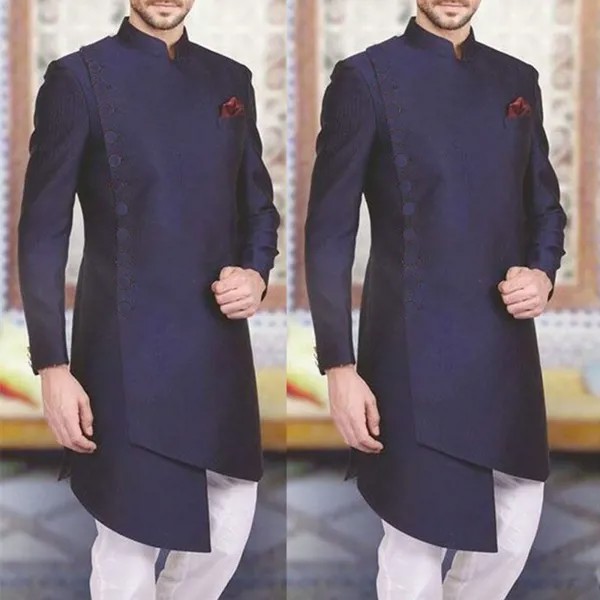 Высококачественная темно-синяя длинная куртка, мужской индийский шаферный стиль, мужская свадебная одежда, облегающие костюмы для мужчин, блейзер