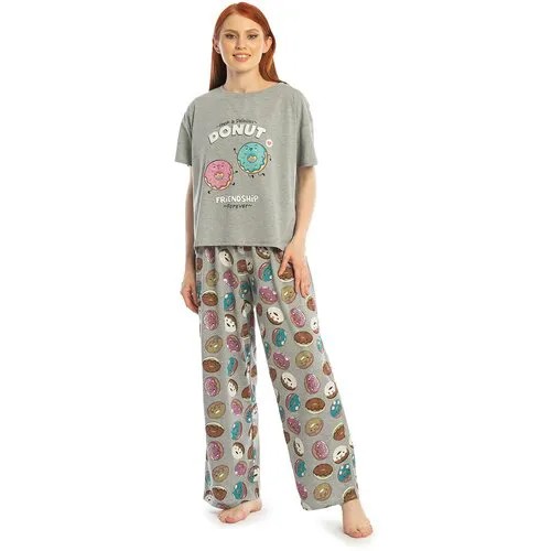 Пижама N.O.A., футболка, брюки, короткий рукав, пояс на резинке, трикотажная, без карманов, размер 52, серый