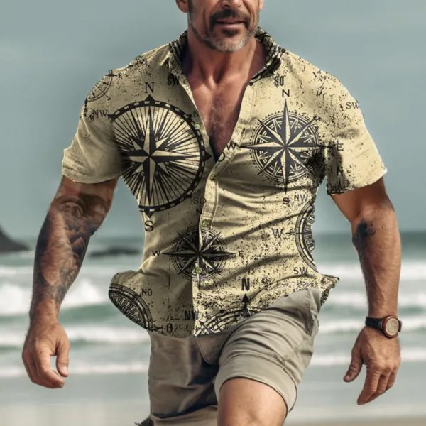 Мужская рубашка с коротким рукавом в винтажном стиле с символами компаса Hawaiian Beach