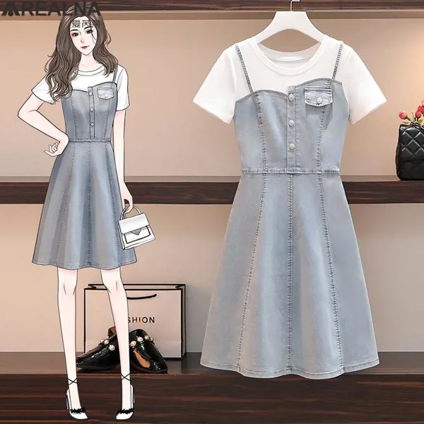 Летнее праздничное платье, женские джинсовые платья с имитацией двух частей в стиле пэчворк, женское корейское элегантное привлекательное ...
