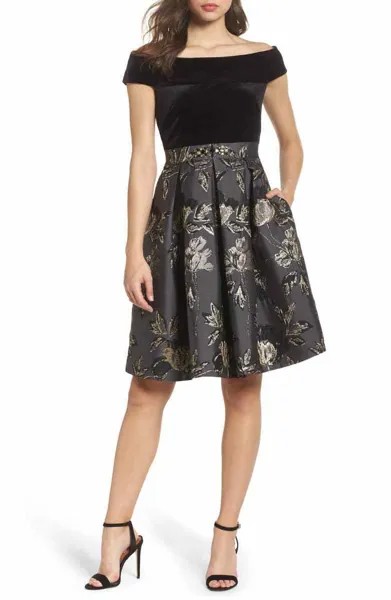ELIZA J Черная бархатная золотистая жаккардовая юбка с металлизированным эффектом, расклешенная юбка с открытыми плечами 8P