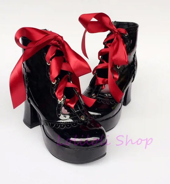 Полусапожки принцессы yoyo, черные, яркие полусапожки на шнуровке, большой размер, японский дизайн, an9973, Симпатичные панковские туфли
