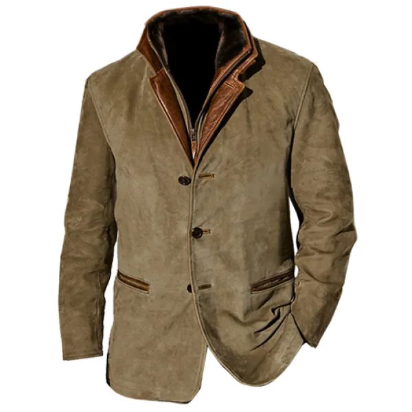 Мужской винтажный флисовый замшевый пиджак двухслойный пиджак с меховым кожаным воротником и лацканами пальто средней длины