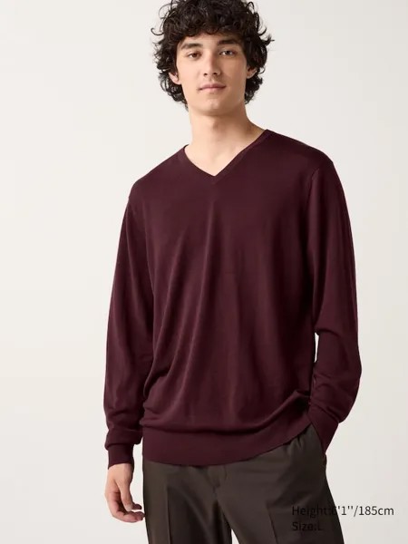 Джемпер из мериноса с v образным вырезом Uniqlo, бордовый