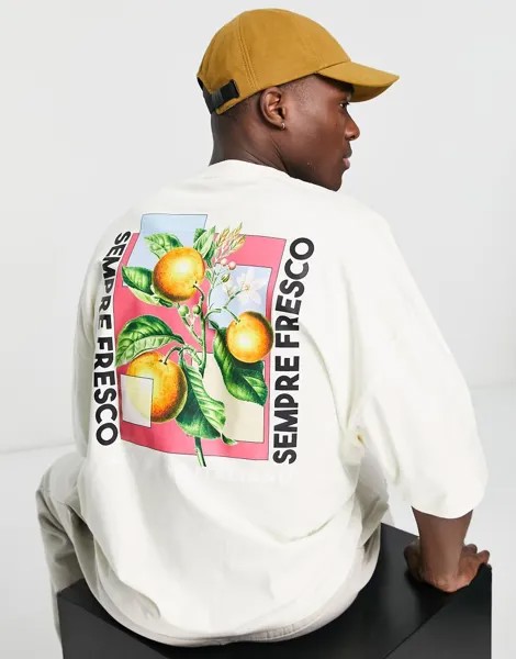 Бежевая футболка в стиле oversized с фотопринтом фруктов на спинке ASOS DESIGN-Светло-бежевый цвет