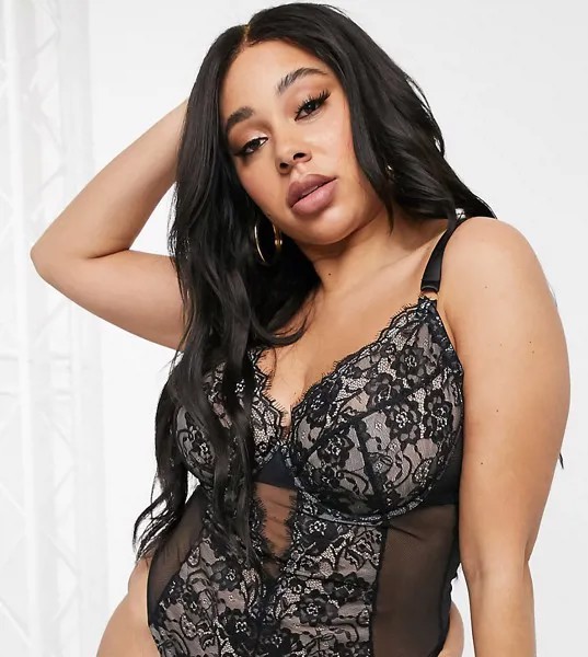 Боди на косточках с кружевной отделкой ASOS DESIGN Curve-Черный цвет