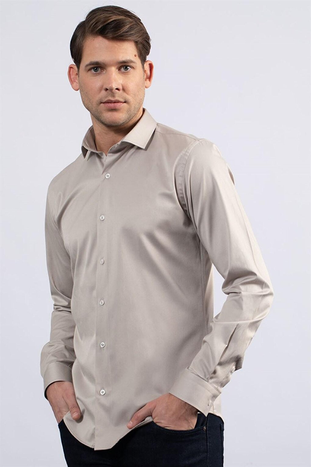 Обычная мужская кремовая рубашка из лайкры и хлопка с атласом Slim Fit TUDORS