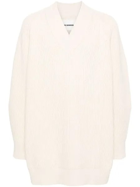 Jil Sander джемпер в рубчик с V-образным вырезом, нейтральный цвет