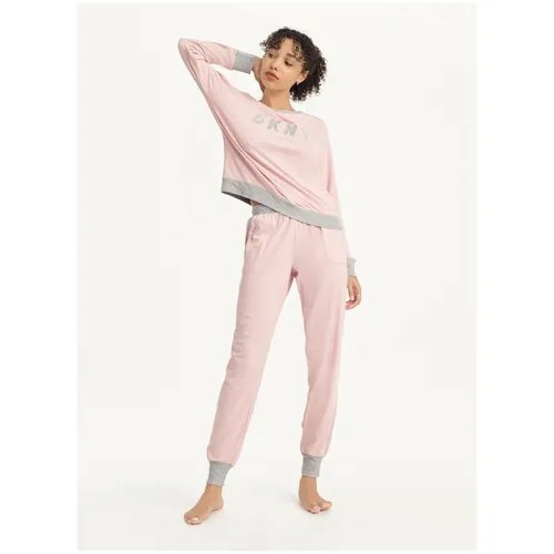 Пижама DKNY S розовая с серыми манжетами и лого на груди лонг, джоггеры Embroidered Logo Top Jogger Pants Pajamas Set