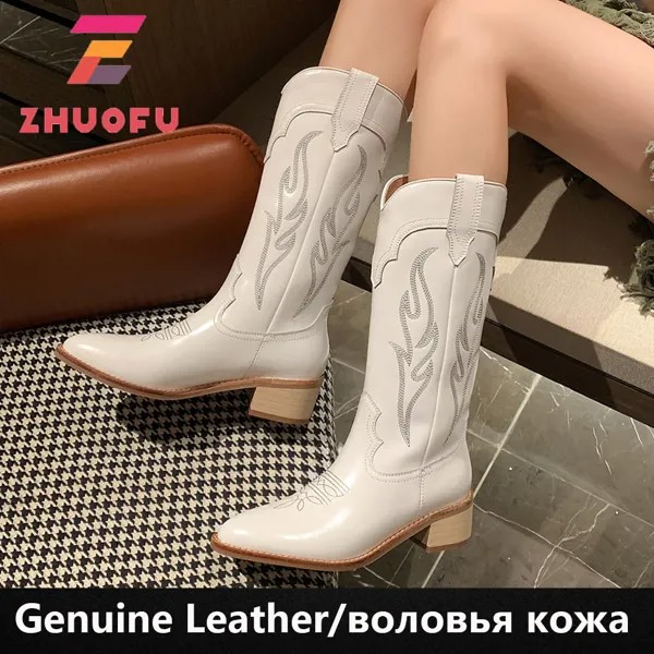 Женские высокие сапоги ZHUOFU с вышивкой, ковбойские сапоги, резные остроносые сапоги на толстом каблуке, сапоги средней длины, женская обувь на шнуровке