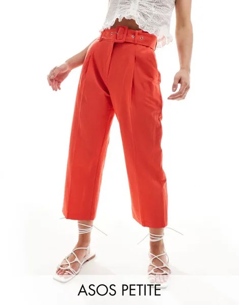 ASOS DESIGN Petite – красные льняные шорты приталенного кроя с поясом