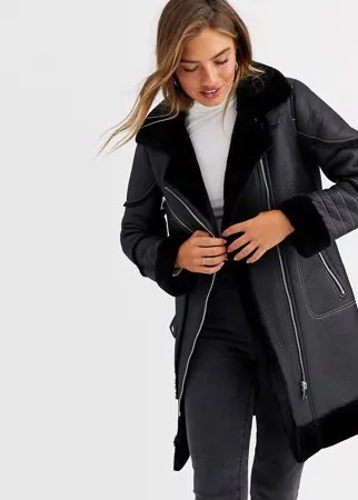 Удлиненное пальто в байкерском стиле Urbancode-Черный