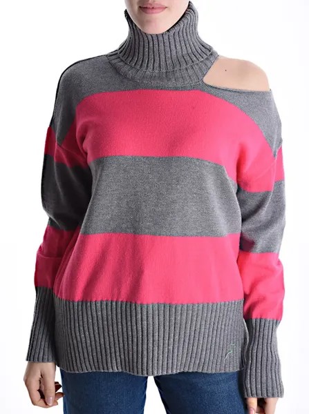 Полосатый свитер с высоким воротником, фуксия