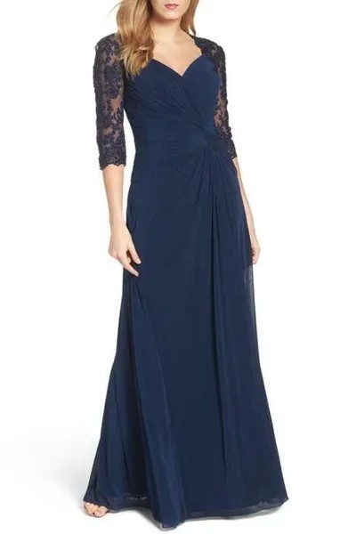 LA FEMME 23244 Темно-синее кружевное платье со стразами и рюшами и рюшами спереди, эластичное платье 6 США