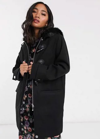 Черный дафлкот с отделкой из искусственного меха ASOS DESIGN Petite