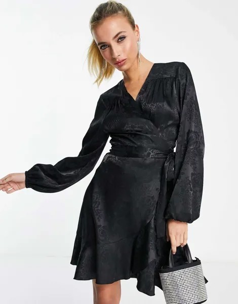 Черное атласное мини-платье с запахом и воланами London Flounce London