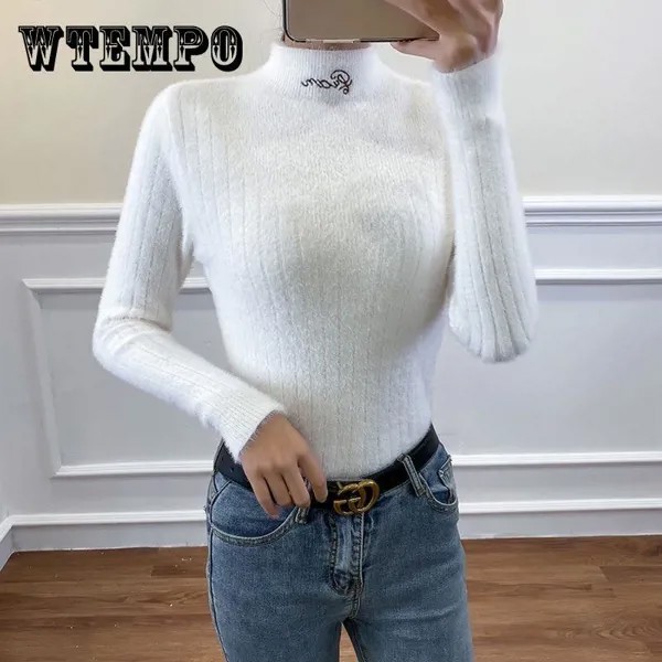 Нечеткий свитер для женщин Мохер свитер Pullover Sweater 2020 Осень Зима Твердый цвет Письмо Вышивка Водолазная свитер Теплый