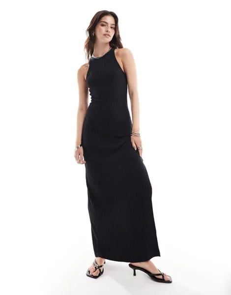 Черное платье миди в рубчик с воротником-хомутом Miss Selfridge