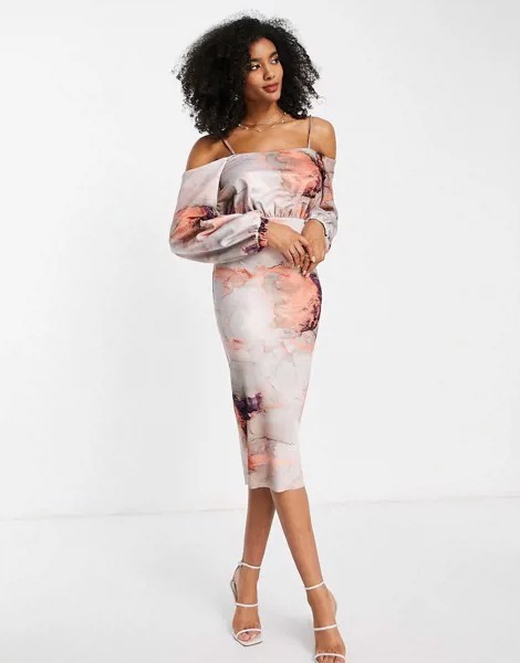 Платье миди с ремешками, открытыми плечами и мраморным принтом ASOS DESIGN-Разноцветный