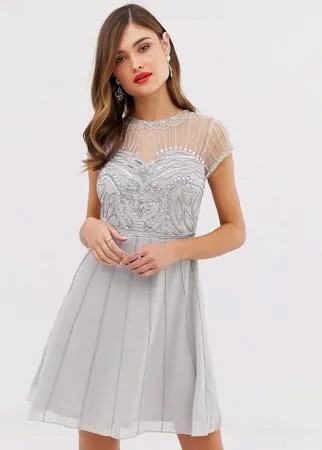 Короткое приталенное платье с короткими рукавами и отделкой Frock & Frill-Серый