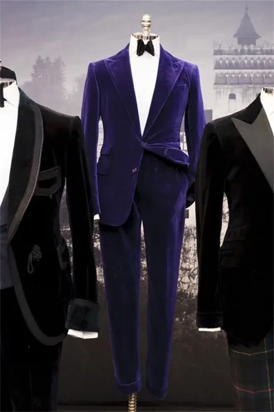 Мужской бархатный костюм из блейзера и брюк, сиреневый винтажный пиджак с вырезом на воротнике, офисный пиджак для осени, 2019