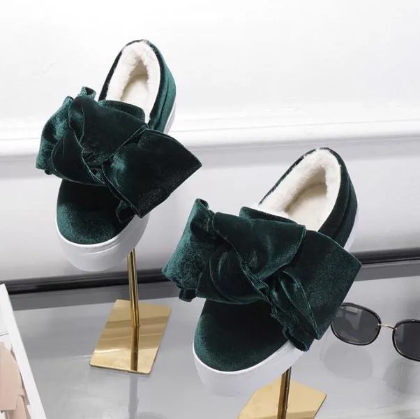 Женская обувь на плоской платформе, зеленые бархатные туфли с мехом внутри, женские оксфорды с бантом, удобные зимние туфли без застежек, на ...