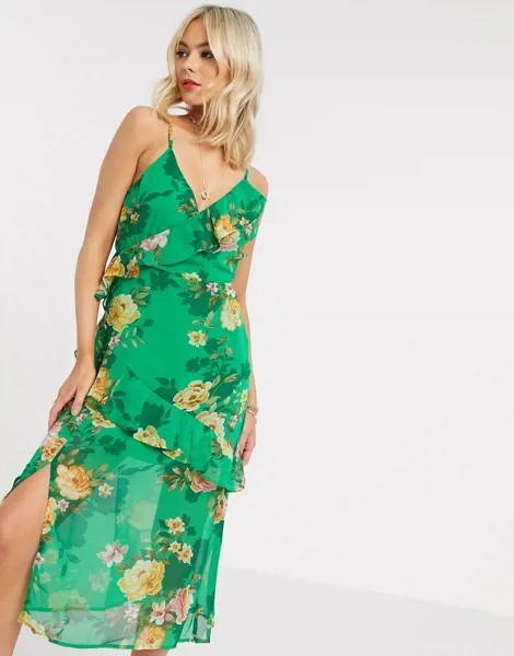 Зеленое платье миди с запахом и цветочным принтом Gilli-Зеленый цвет