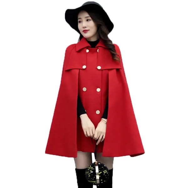 Женское шерстяное пальто, элегантная верхняя одежда средней длины в Корейском стиле, свободная накидка, шерстяное пальто, плащ-шаль, R341, Осень-зима