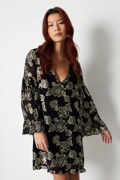 Свободное платье Georgette с V-образным вырезом и оборками металлик Warehouse, черный