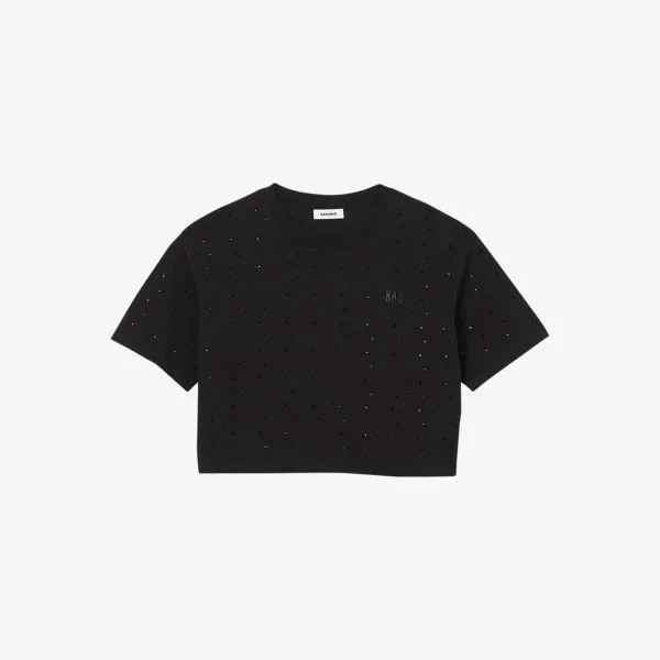 Укороченная хлопковая футболка Cubisme, украшенная стразами Sandro, цвет noir / gris