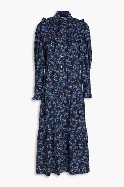 Платье миди Tilly из хлопка с цветочным принтом и оборками Sea, темно-синий
