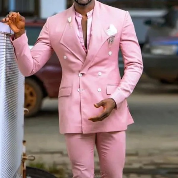 Смокинг для жениха с двойным рядом пуговиц, облегающий розовый смокинг для жениха, с заостренным лацканом, Африканский мужской модный костю...