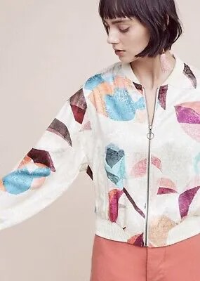Куртка-бомбер Anthropologie с атласным принтом цвета слоновой кости и пастельной молнией M НОВИНКА 138 долларов США