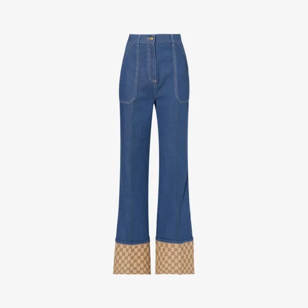 Расклешенные джинсы прямого кроя с высокой посадкой и манжетами с монограммой Gucci, синий
