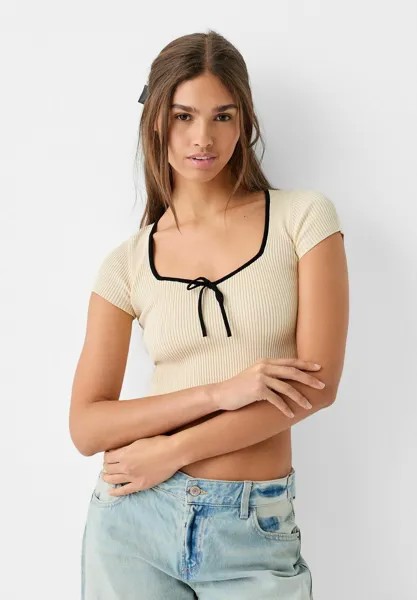 Футболка с принтом SHORT SLEEVE WITH CONTRAST Bershka, цвет beige