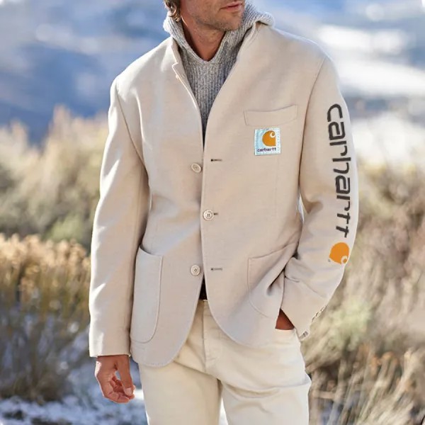 Мужской винтажный кашемировый пиджак с воротником-стойкой открытый повседневный пиджак средней длины с несколькими карманами
