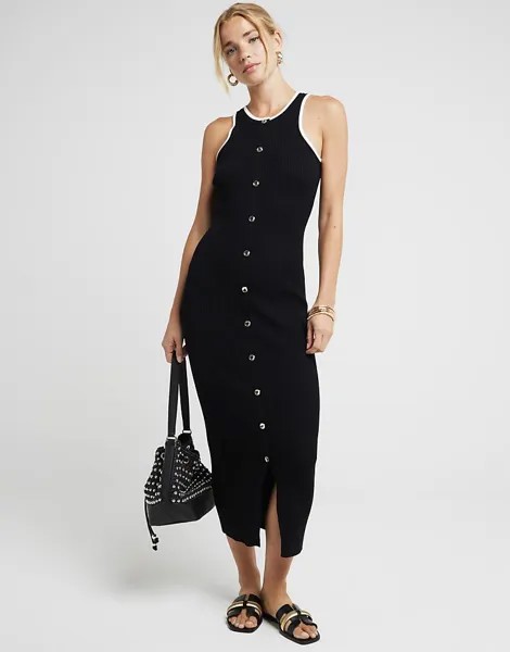 Черное облегающее платье миди в рубчик с тесьмой River Island