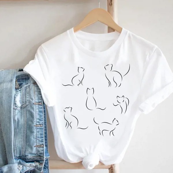 T Tee Top Женщины Принт стиль Футболка Леди Мультфильм Модная одежда Женская печать Одежда 90-х симпатичный короткий рукав кошка животное питомец Графическая футболка