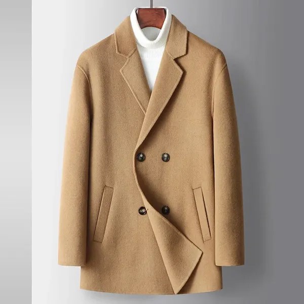 Высококачественная осенне-зимняя мужская шерстяная ветровка, мужское однотонное двубортное пальто, мужская деловая повседневная шерстяна...