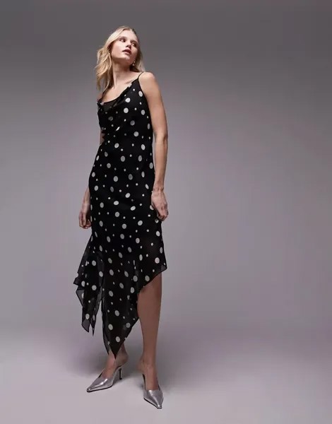 Прозрачное платье-комбинация миди Topshop в монохромный горошек