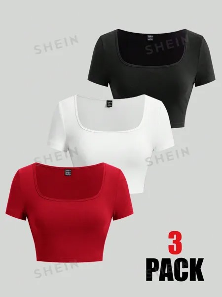 SHEIN EZwear Женский вязаный укороченный топ из 3 предметов, красный