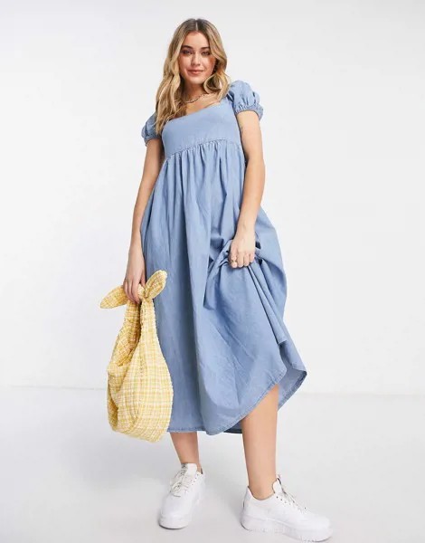 Платье миди из выбеленного мягкого денима в стиле бэби-долл ASOS DESIGN-Голубой