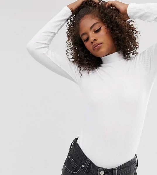 Белое боди в рубчик с длинными рукавами и высоким воротом ASOS DESIGN Tall-Белый