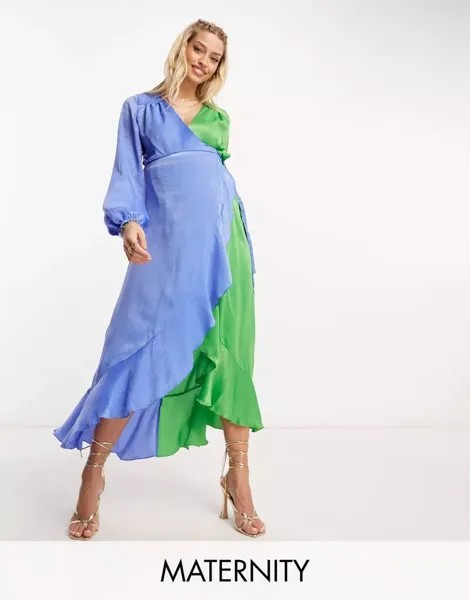 Платье макси с воланами London Maternity контрастного синего и зеленого цветов с объемными рукавами и рюшами Flounce London