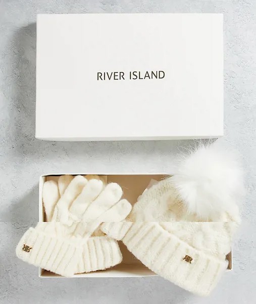 Подарочный набор из шапки-бини и перчаток кремового цвета River Island-Белый