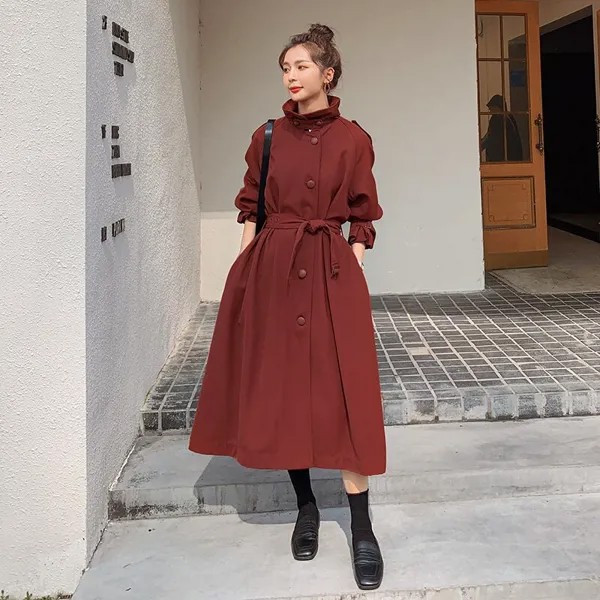 Женская ветровка, пальто на весну и осень, красное платье Jujube, Женская Корейская версия, Повседневная Свободная куртка в стиле ретро