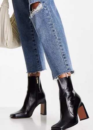 Черные кожаные ботинки на высоком каблуке с квадратным носком ASOS DESIGN Wide Fit Embrace-Черный цвет