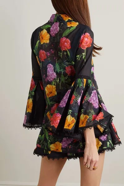 CHARO RUIZ гипюровая блуза Aster с кружевом и цветочным принтом из смесового хлопка, черный